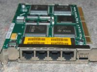 Sun Compact PCI cPCI Quad FastEthernet QFE adapter featuring four RJ-45 10/100 ports, yellow MAC address labels, and part number 525-1696-02.