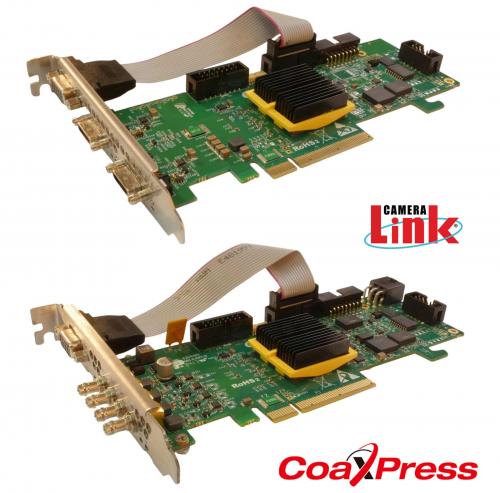 Physical PCIe boards for Gidel CamSim supporting Camera Link - top with SDR connectors and CoaXPress - bottom with BNC/DIN connectors.