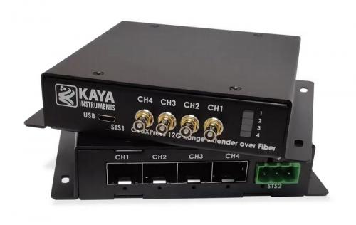 KAYA Vision CoaXPress 2.x Range Extender over Fiber and CoaXPress to CoaXPress over Fiber Signal Converter with 4 links, 4 SFP plus channels, and distances up to 80 km in Single- mode or 300 m in Multi-mode.