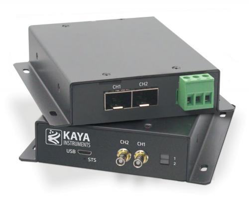 KAYA Vision CoaXPress to CoaXPress over Fiber Dual Signal Converter with 2 links provides an uplink of up to 25 Gbps and downlink up to 41.6 Mbps as well as utilizes standard Micro-BNCs and standard SFP-plus that can support distances up to 80 km in single-mode and up to 300 m in multi-mode.