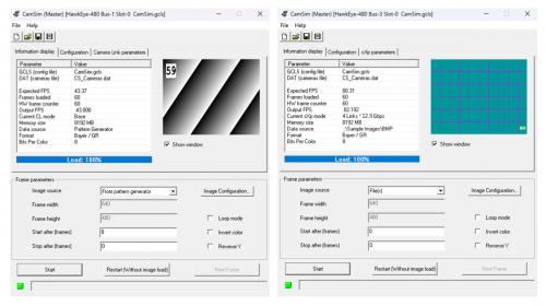 Gidel CamSim software interface showing Camera Link and CoaXPress configuration tabs with pattern generator and image loading options.
